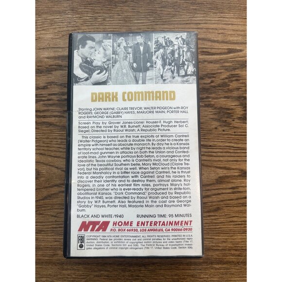 Dark Command 1940 VHS Drama John Wayne Claire Trevor Walter Pidgeon Pre-Owned - Picture 4 of 4